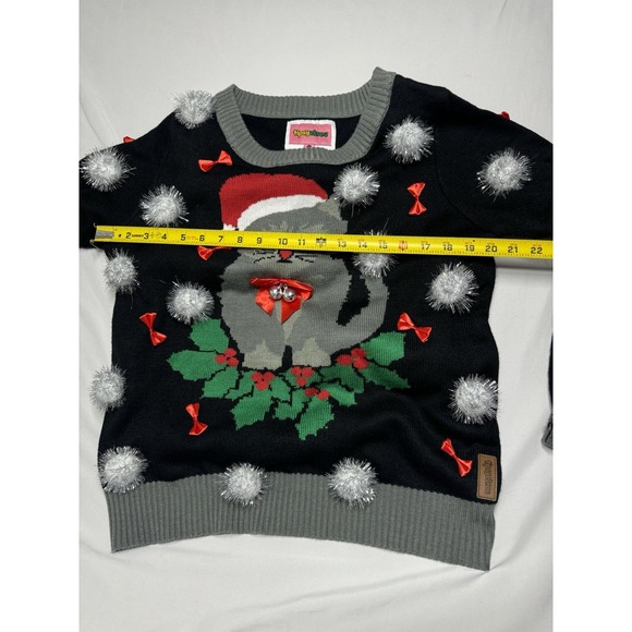 Tipsy Elves Gray Cat Silver Tinsel Pom Poms Red Bows Christmas Sweater Size L - Picture 8 of 8